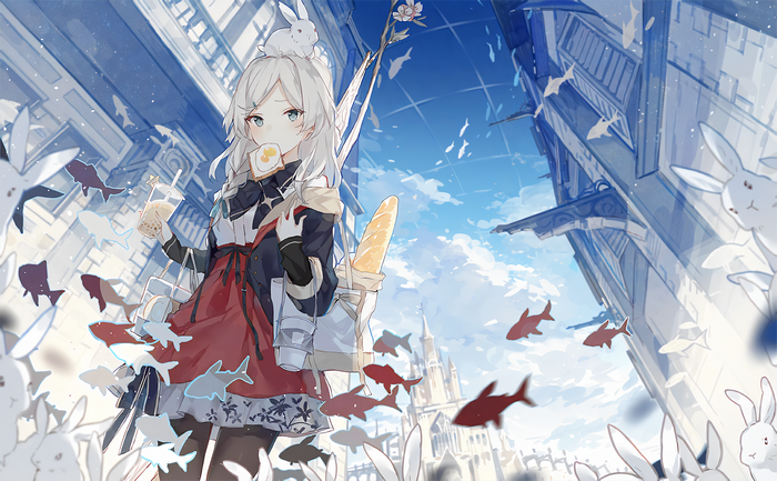Anime Girl with White Hair Drinking Boba by Asuka