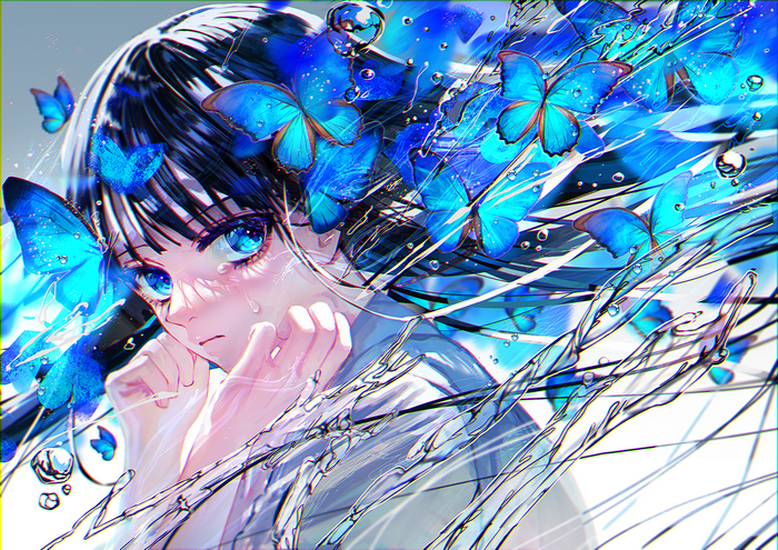 long hair, water drops, looking at viewer, anime girls, sailor uniform, dark hair, butterfly, blue eyes, LogA, anime, crying, water