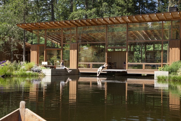 pond, house, architecture, lake, modern, cabin