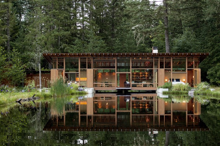 pond, architecture, lake, modern, house, cabin
