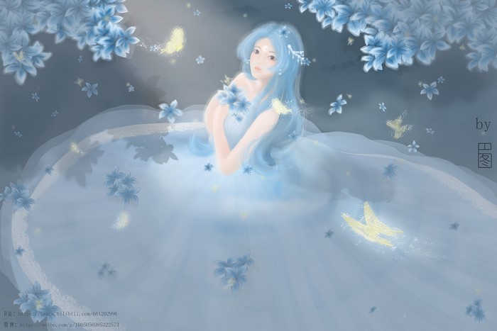 wedding dress, butterfly, fantasy girl, looking at viewer, leaves, anime, long hair, anime girls, fantasy art, blue hair, women