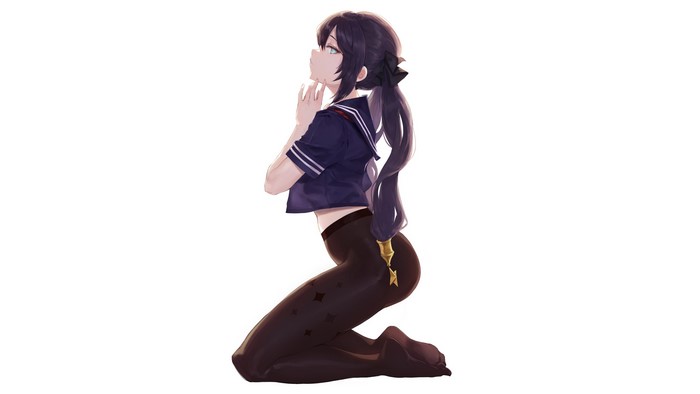 4K, crop top, Genshin Impact, ass, kneeling, long hair, looking at viewer, twintails, thighs, Hiki Niito, simple background, Mona (Genshin Impact), pantyhose, black hair, anime, anime girls, feet
