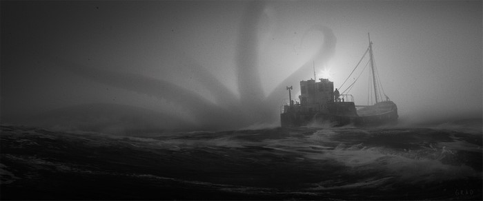 Kraken, ship, silhouette, ocean view, Manuel Grad, monochrome
