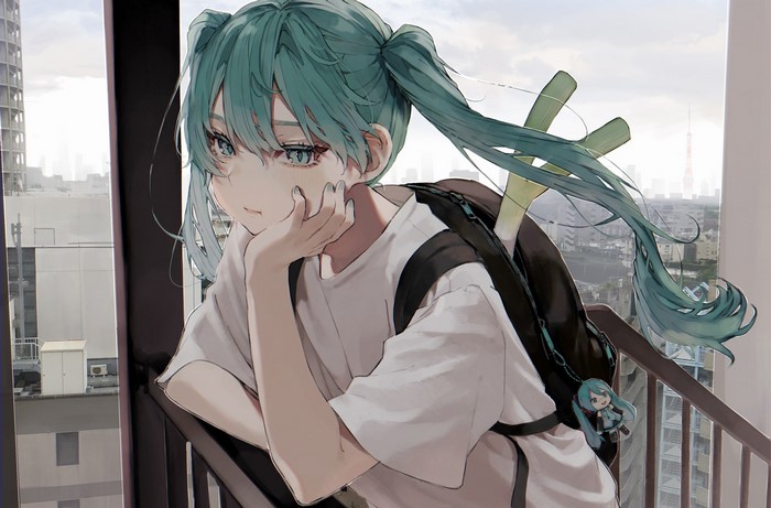 Daluto, twintails, anime girls, Vocaloid, Hatsune Miku, backpacks, anime