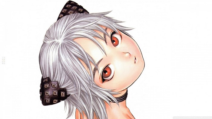 Murata Range, digital art, short hair, anime, choker, artwork, anime girls, looking at viewer, silver hair, red eyes, bangs