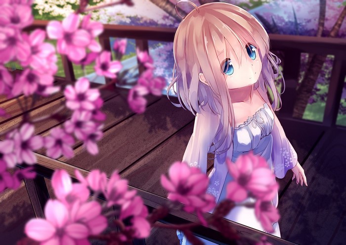 brunette, loli, dress, water, artwork, long hair, digital art, bangs, blue eyes, bridge, anime girls, cherry blossom, white dress, anime, smiling, walking, river, plants
