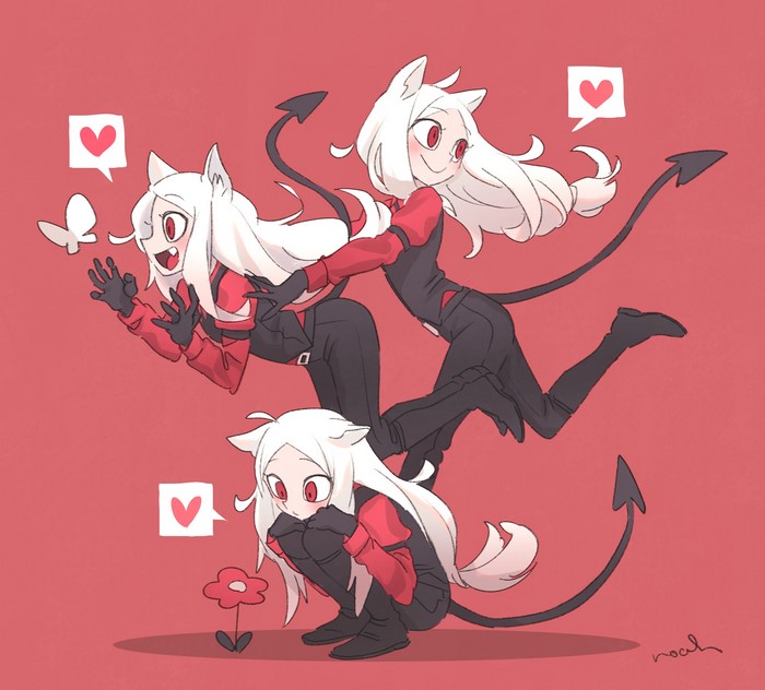 butterfly, video game art, red eyes, long hair, demon tail, demon, black clothing, red clothing, Helltaker, fan art, white hair, video games, Cerberus (Helltaker), red background, flowers, anime girls, speech bubble, anime, dog girls