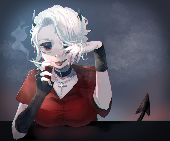 necklace, anime, cross, red eyes, demon tail, bangs, gloves, short sleeves, artwork, white hair, Helltaker, video games, anime girls, fan art, video game art, wavy hair, cigarettes, tongue out, hair covering eyes, red shirt, Zdrada (Helltaker), smoking, demon horns, choker