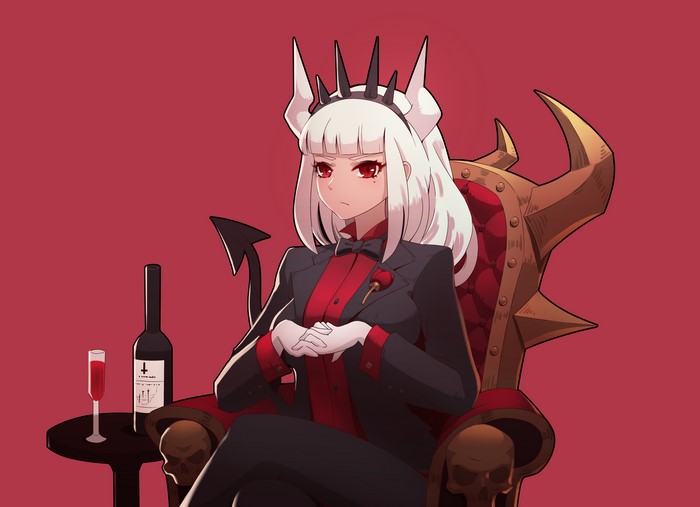 4K, looking at viewer, anime, wine, chair, head band, anime girls, long hair, Helltaker, gloves, fan art, white hair, table, red background, Lucifer (Helltaker), video game art, demon tail, red eyes, wine glass, bangs, video games, tuxedo, demon horns