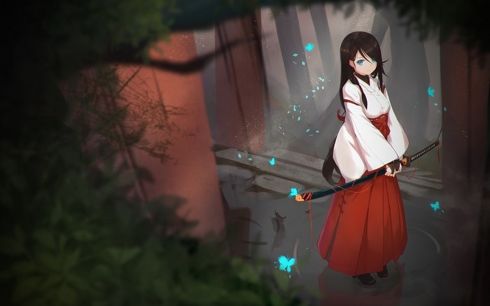 miko, sword, dark hair, anime girls, butterfly, katana, traditional clothing, Japanese clothes, blue eyes