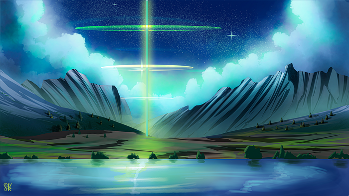 stars, shining, reflection pool, mountains, clouds, flares, reflection, lake, beam, mountain top, nature, grass, landscape, sky