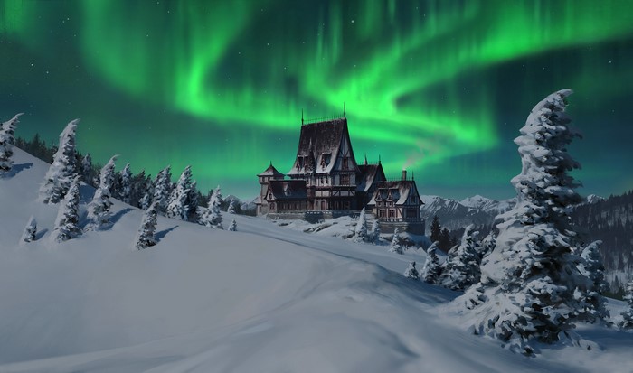 snow covered, Sean Vo, snow, ArtStation, aurorae