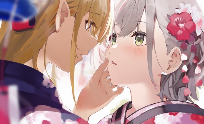 flower in hair, yuri, Virtual Youtuber, flowers, gray hair, fantasy girl, two women, blonde, pointy ears, Niii, Pixiv, anime girls, Shiranui Flare, face, fantasy art, Japanese clothes, Shirogane Noel, anime, blush, Hololive, green eyes