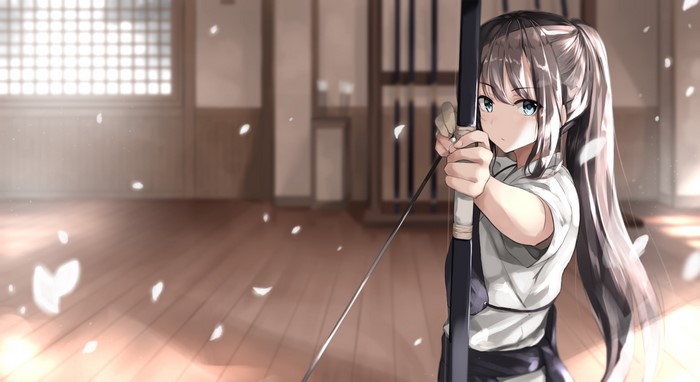 anime, bow, bow and arrow, arrows, ponytail, Japanese clothes, Fuu (artist), archer, brunette, anime girls