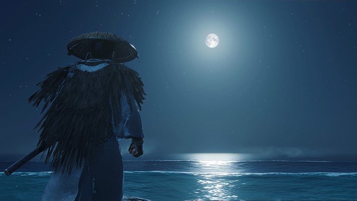 4K, sky, screen shot, Playstation 5, PlayStation 4, sea, Moon, Ghost of Tsushima, 4K, Jin Sakai, night, video games