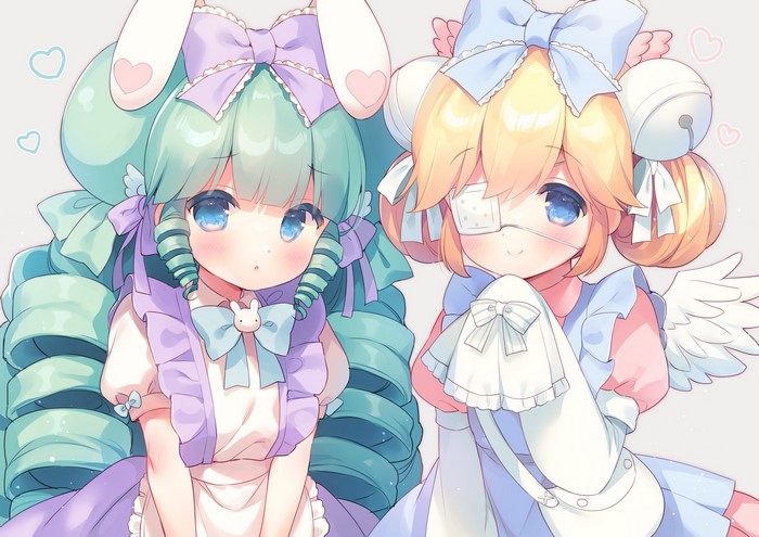 twintails, angel wings, looking at viewer, green hair, blue eyes, anime, anime girls, blonde, curly hair, dress, heart, headband, happy, buns, shy, artwork, eyepatches, bangs, digital art, loli