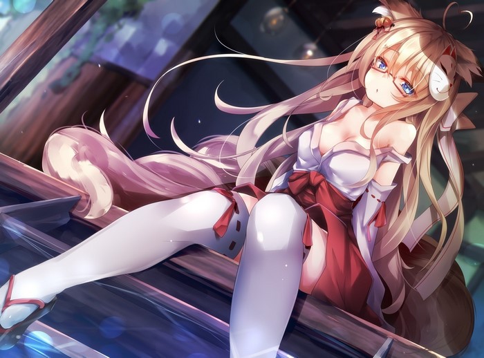 thigh-highs, cleavage, bare shoulders, long hair, Mataro, blonde, anime girls, fox girl, Japanese clothes, blue eyes, miko, glasses