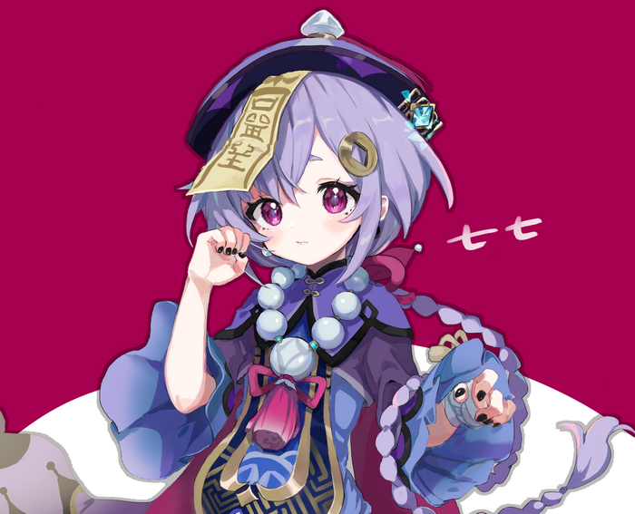 loli, video games, purple hair, pink eyes, braided hair, fan art, digital art, Genshin Impact, anime girls, bangs, anime games, artwork, ghost girl, anime, hair pins, looking at viewer, Qiqi (Genshin Impact)