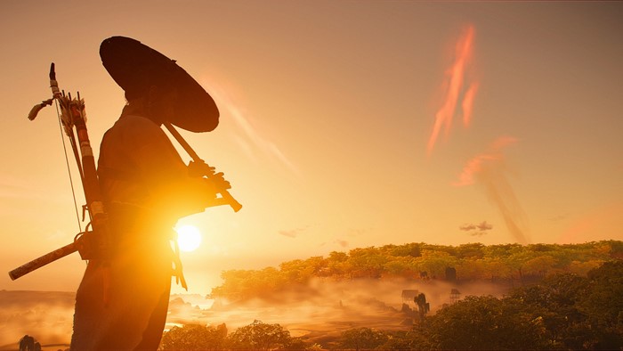 4K, Jin Sakai, Playstation 5, musical instrument, screen shot, sunlight, video games, sky, PlayStation 4, 4K, Ghost of Tsushima