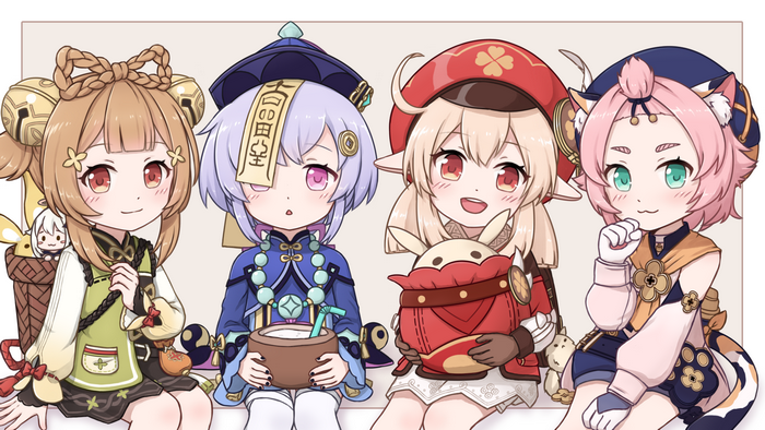 anime girls, cat girl, blue eyes, elves, blonde, brunette, anime, brown eyes, red eyes, purple hair, digital art, artwork, loli, Diona (Genshin Impact), Genshin Impact, Qiqi (Genshin Impact), Klee (Genshin Impact), short hair, ghost girl, pink hair, Yaoyao (Genshin Impact), twintails, anime games, pink eyes