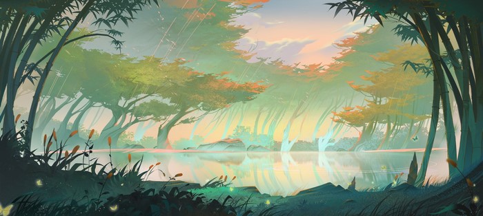 lake, trees, digital art, forest, Qian Wei, fantasy art, butterfly, reeds