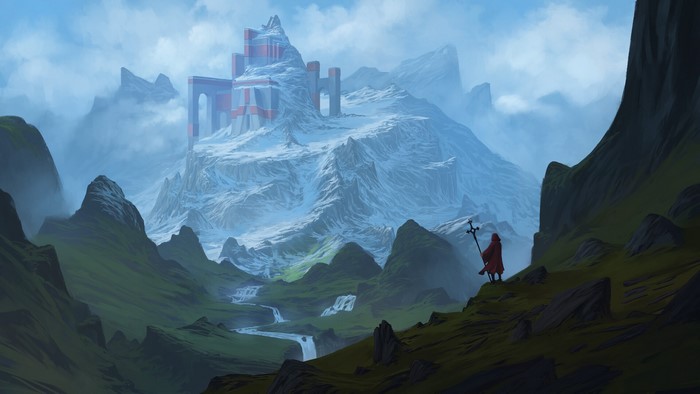 digital art, Felix Englund, castle, snowy mountain, fantasy art, ruins, mountains