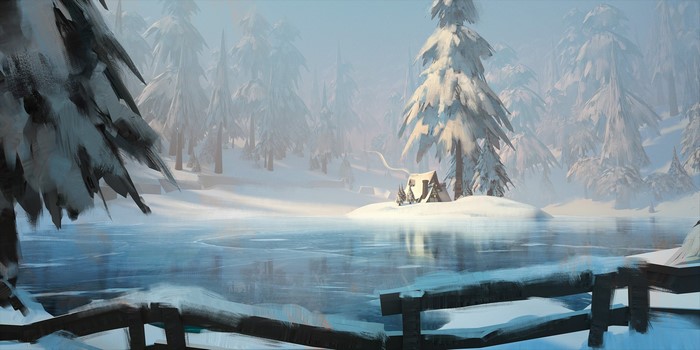lake, trees, digital art, frozen lake, snow, winter, fantasy art, cabin, Thomas Stoop, snowy mountain