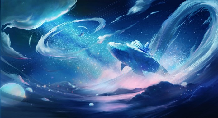Space Whale Among Cosmic Clouds Fantasy Art