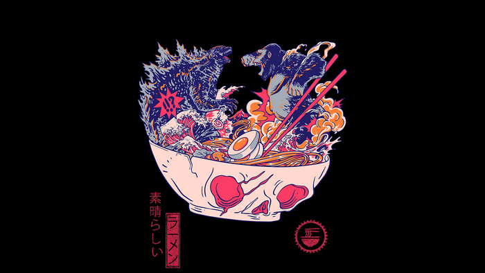 chopsticks, fantasy art, Godzilla Vs Kong, skull, eggs, black background, ramen, Godzilla, digital art, waves, noodles, King Kong, mushroom