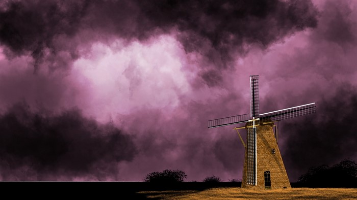 sky, digital painting, digital art, landscape, building, windmill, clouds, outdoors