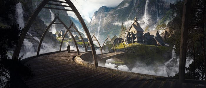 artwork, landscape, village, mountains, Einar Martinsen, digital art, fantasy art, nature, ArtStation