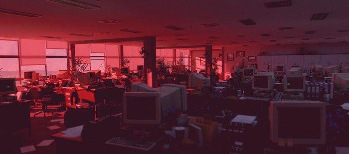 computer, indoors, digital art, monitor, render, red, office, artwork, CGI