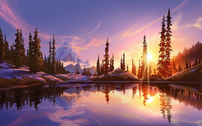 lake, mountains, nature, digital art, artwork