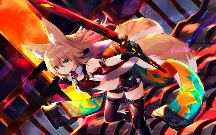 anime girls, fox girl, Kokonoe Tsubaki, bare midriff, sword