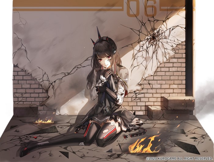 black hair, boots, ruins, anime girls, Punishing: Gray Raven, red eyes, torn clothes