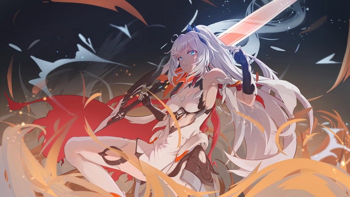 Kiana Kaslana with Long White Hair and Sword 4K
