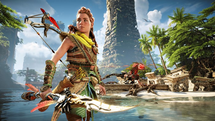 4K, guerrilla games, Sony, horizon forbidden west, Horizon II: Forbidden West, 4K, Aloy (Horizon: Zero Dawn), robot, video game art, Playstation 5