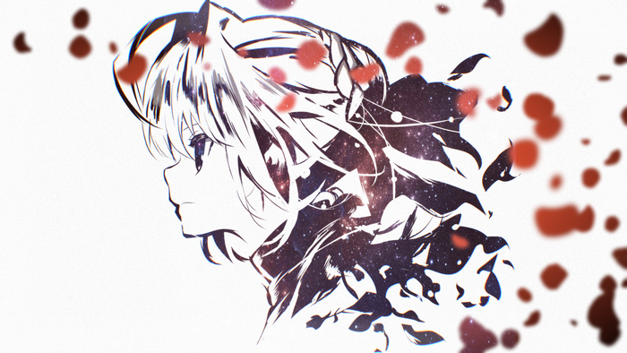 Fate/Extra, Amictus, dispersion, profile, low saturation, petals, white, ribbon, rose petals, Fate Series, Nero Claudius, red petals, anime girls, ahoge, universe, stars