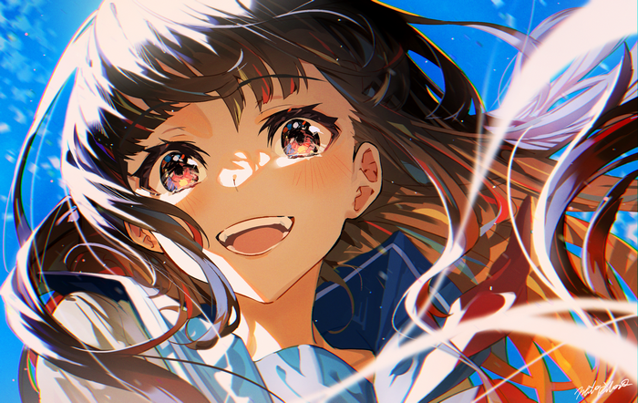 anime, smile, mika pikazo, brunette, anime girls, long hair, face, open mouth