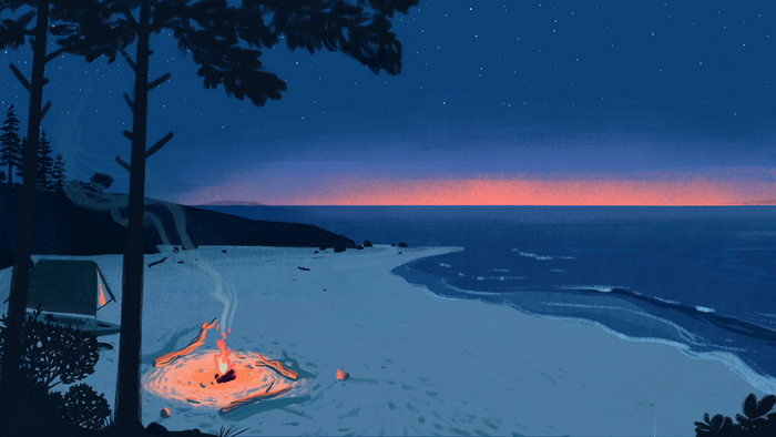 4K, beach, sand, stars, water, sunset, digital painting, Genevieve Lacroix, tent, sea, campfire