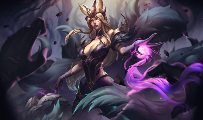 blonde, women, red eyes, drawing, long hair, fantasy art, nine tails, video game art, fox girl, purple, spell, League of Legends, Unstable Anomaly, fighting, Ahri (League of Legends)
