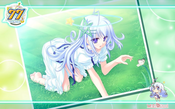 Sevens and, anime girls, series, Halo, white dress, anime, pentagram, Kuu, hair pins, blue eyes, grass, two stars meet again, bangs, butterfly, stars, long hair, blue ribbons, blue hair, sunlight
