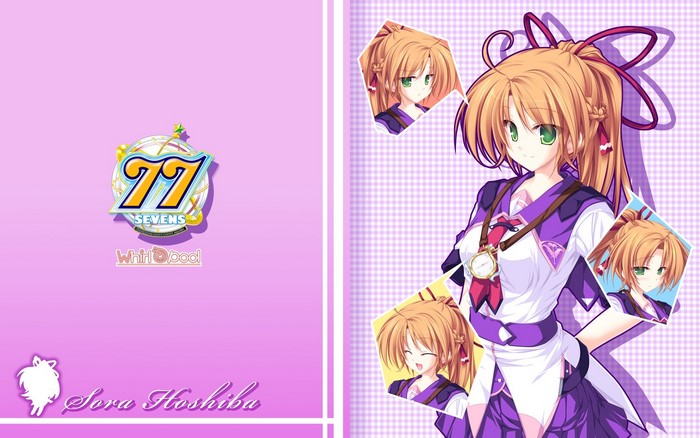 skirt, ponytail, bangs, school uniform, anime girls, hair ribbon, happy, two stars meet again, blushing, brunette, green eyes, anime, Hoshiba Sora, Sevens and, long hair, sad, series, watch, smiling