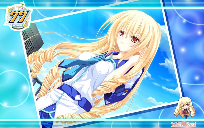 anime, series, school uniform, Koshimizu Rin, two stars meet again, blonde, building, long hair, sky, skirt, brown eyes, bangs, Sevens and, smiling, blush, rooftops