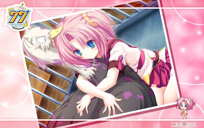short hair, anime girls, twintails, hugging, sitting, goose, anime, sad, series, school uniform, Sevens and, pink hair, bangs, cages, blue eyes, skirt, two stars meet again, Kazamai Sakura