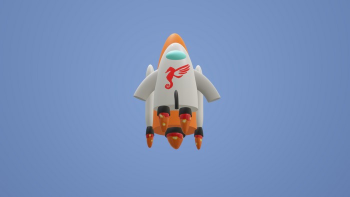 3D cartoon rocket ship with seahorse logo