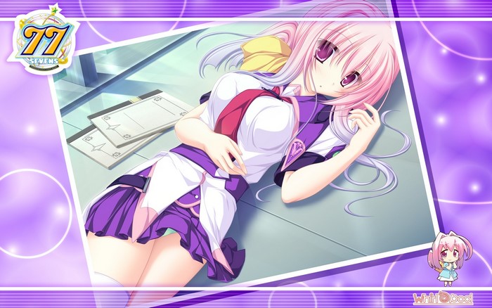 lying on back, hair ribbon, pink eyes, looking at viewer, long hair, multi-colored hair, bow, anime, anime girls, bangs, Sevens and, pink hair, purple tint, two stars meet again, school uniform, notebooks, series, Isuneha Aki