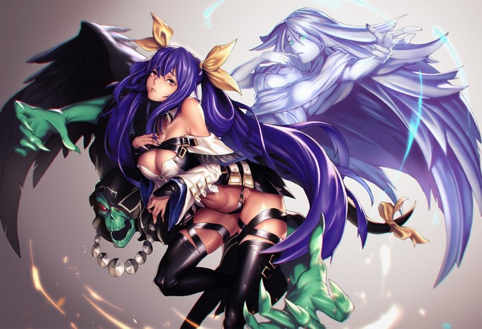 cleavage, long hair, red eyes, blue hair, Dizzy (Guilty Gear), anime girls, Guilty Gear, artwork