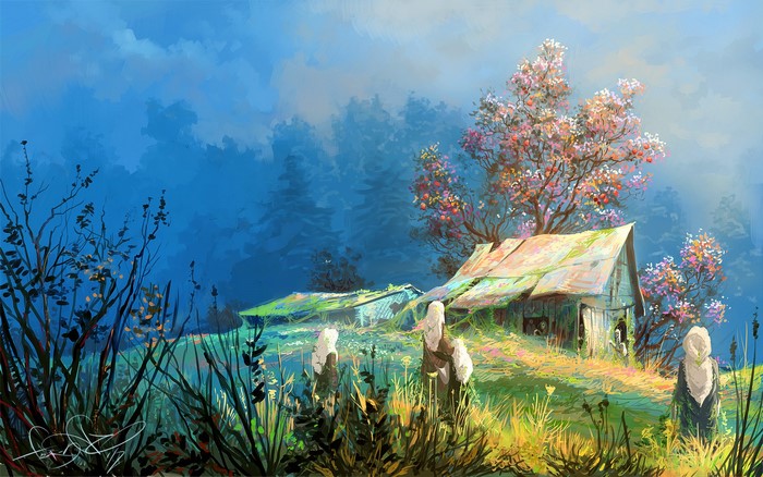 plants, trees, artwork, hut, nature, outdoors, Sergey Svistunov, DeviantArt