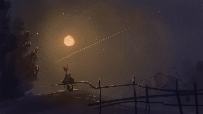 cats, Sergey Svistunov, Moon, animals, night, artwork, sky, outdoors, DeviantArt, stars